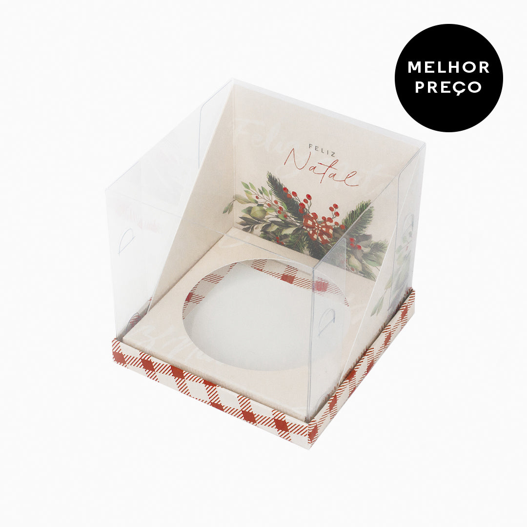Caixa para 1 cupcake / frasco 250ml / panetone 100g - Tampa de acetato - Natal Amizade - Pack 10uni