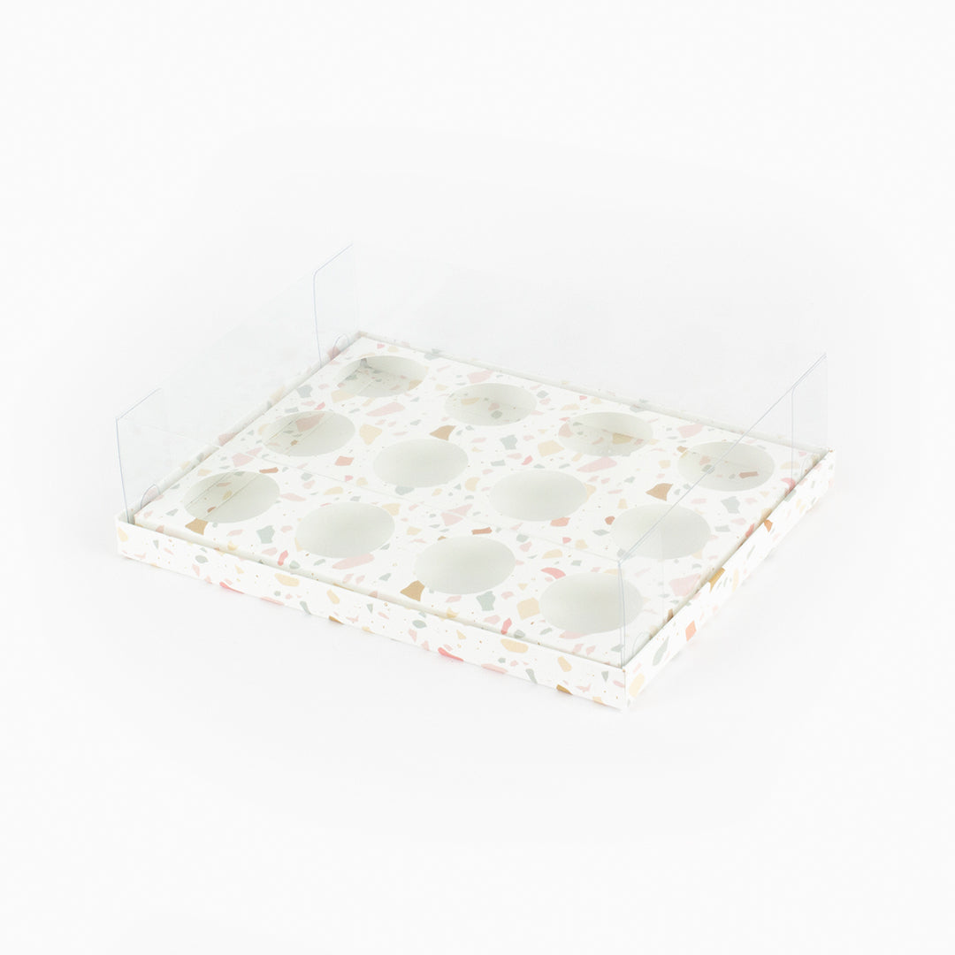 Caixa para 12 doces - Tampa de acetato - Terrazzo - Pack 10uni