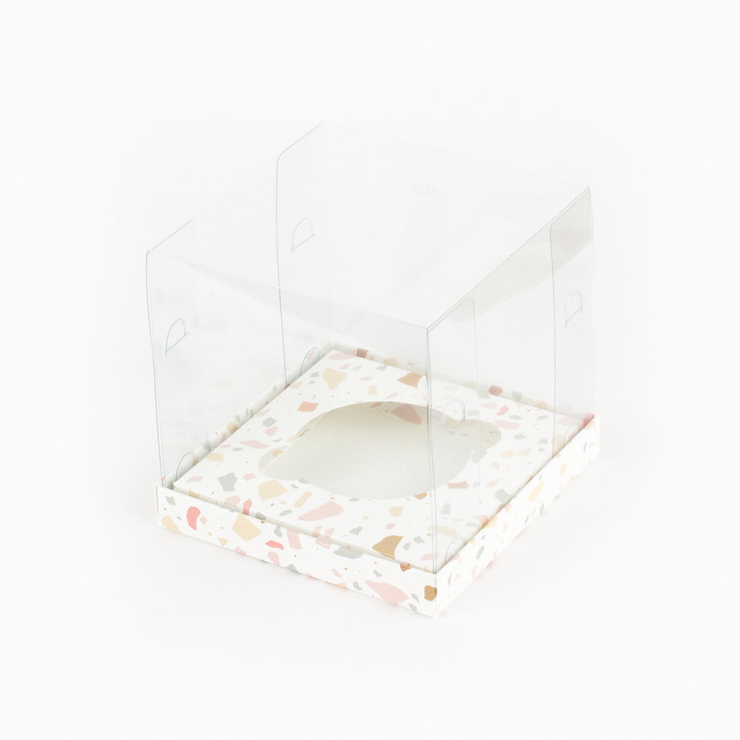 Caixa para 1 cupcake / 1 frasco 250ml - Tampa de acetato - Terrazzo - Pack 10uni