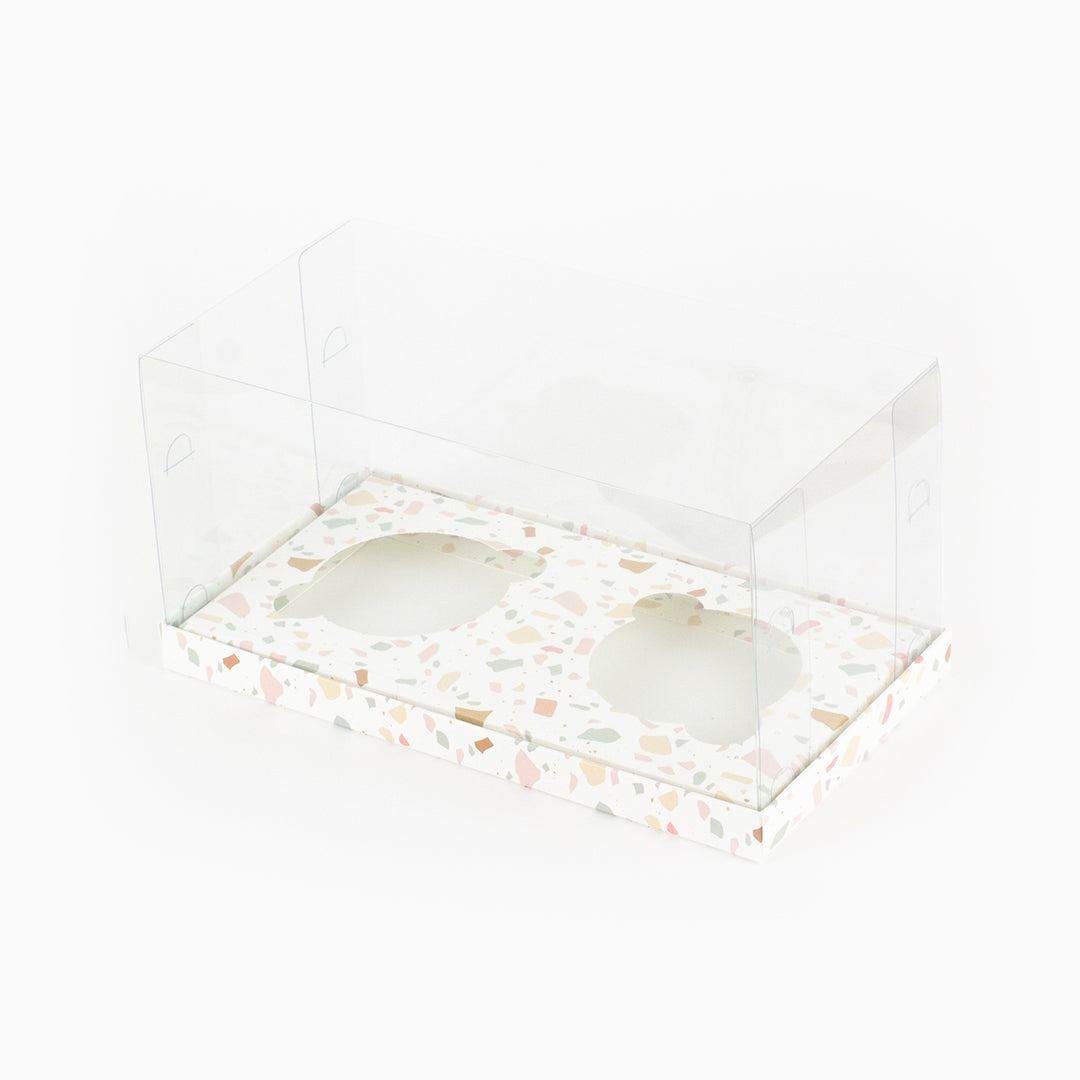 Caixa para 2 cupcakes / 2 frascos 250ml - Tampa de acetato - Terrazzo - Pack 10uni