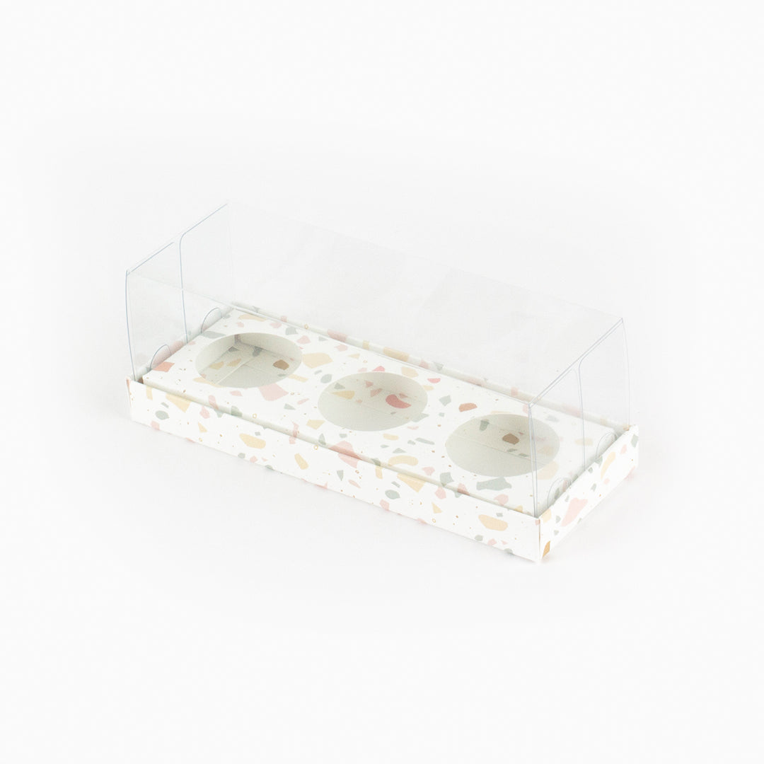 Caixa para 3 doces - Tampa de acetato - Terrazzo - Pack 10uni