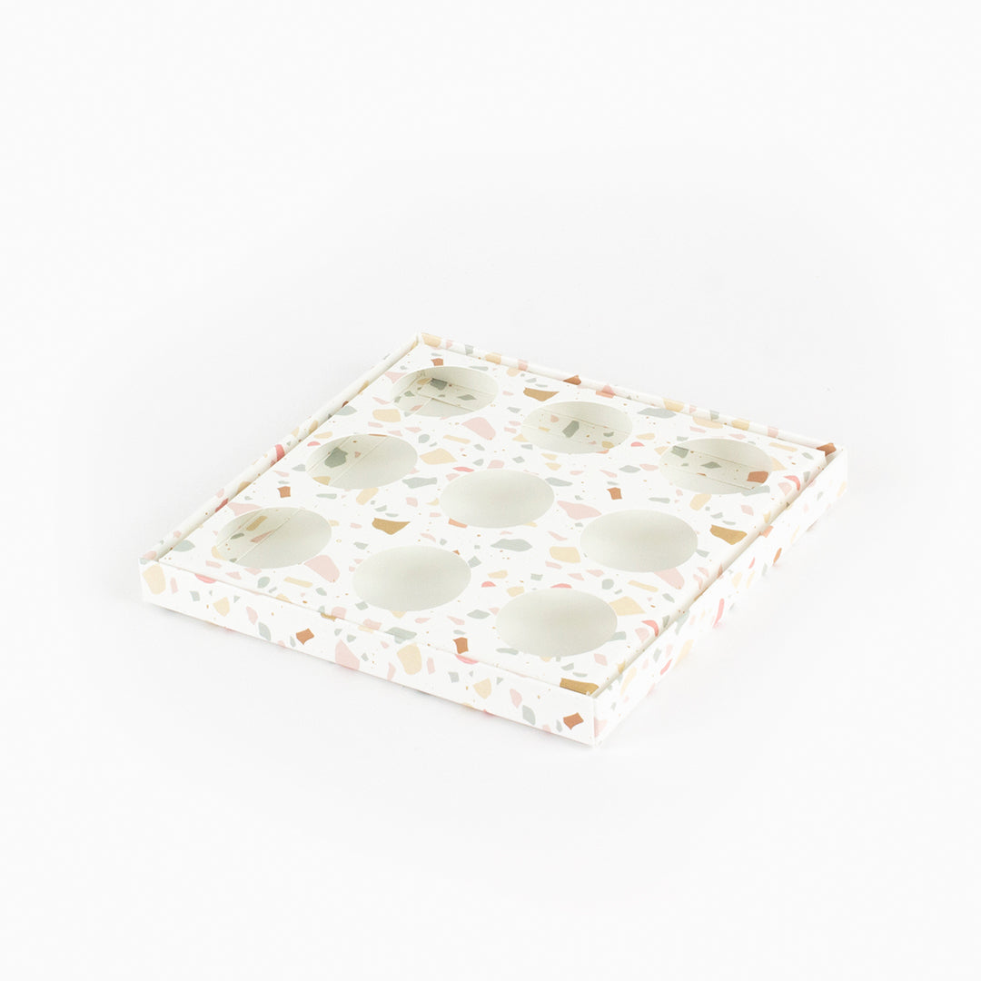 Caixa para 9 doces - Tampa de acetato - Terrazzo - Pack 10uni