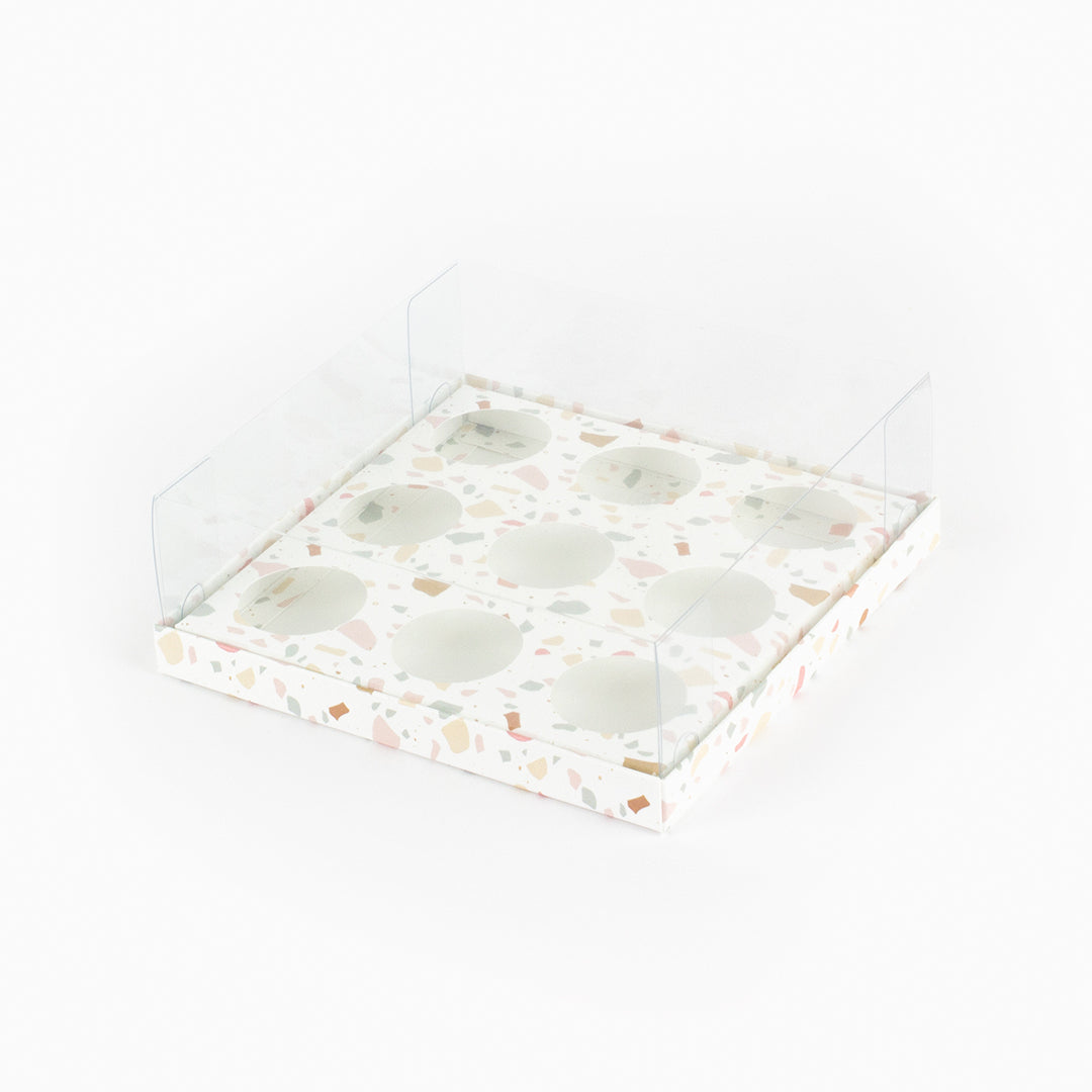 Caixa para 9 doces - Tampa de acetato - Terrazzo - Pack 10uni