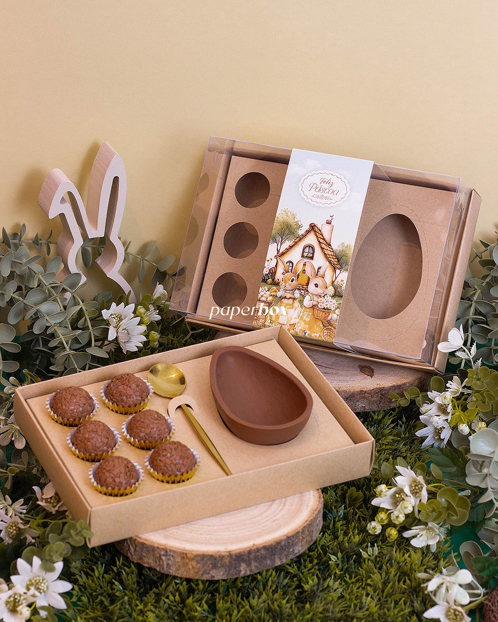 Caixa 1 Ovo 150/250g + 6 Doces - Faixa - Páscoa Rural Kraft - Pack 10uni