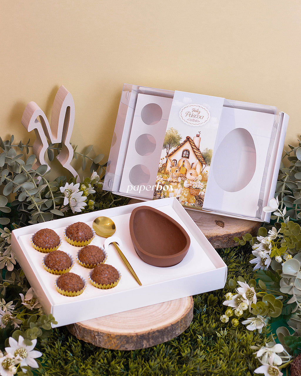 Caixa 1 Ovo 150/250g + 6 Doces - Faixa - Páscoa Rural Branca - Pack 10uni