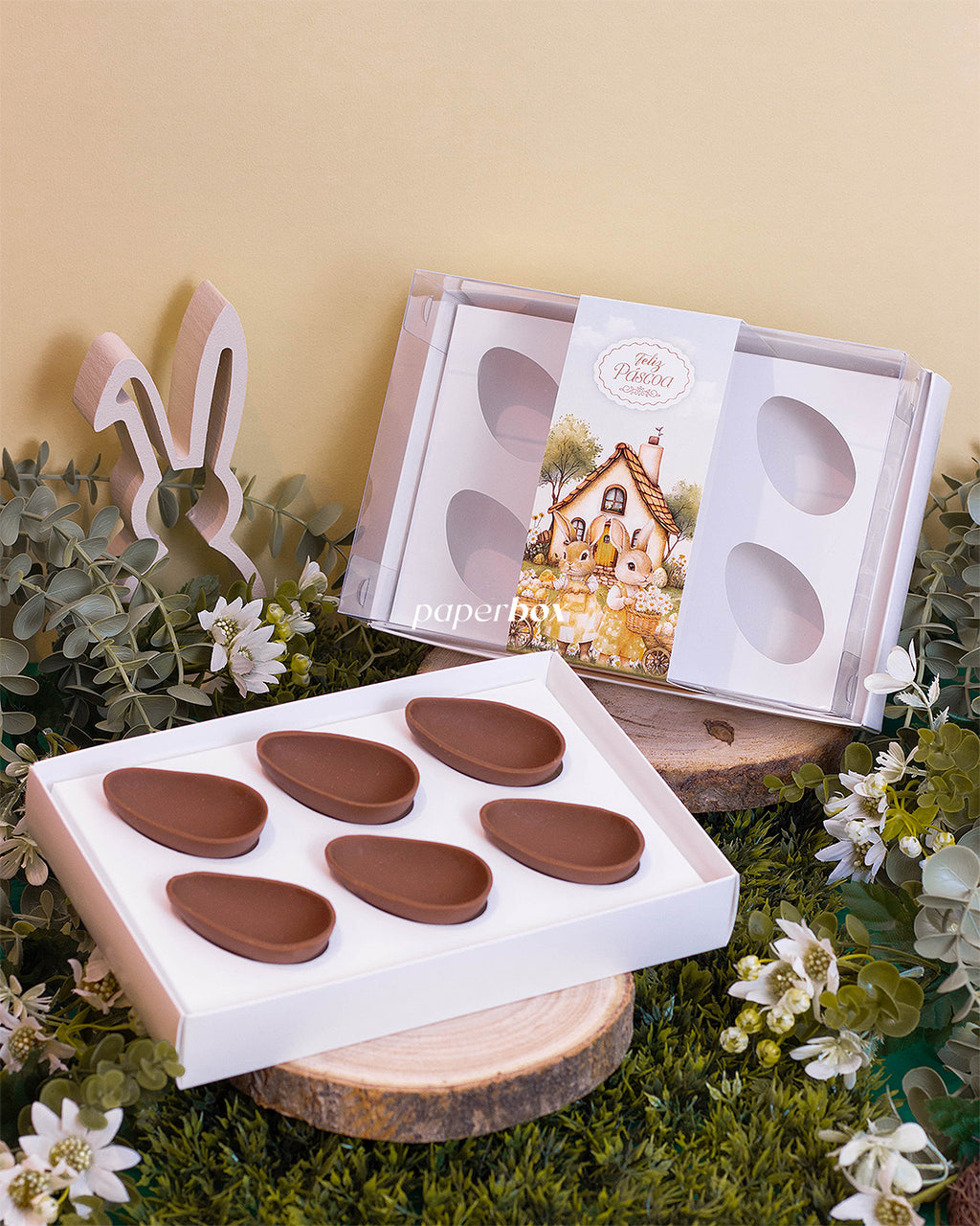 Caixa 6 Mini Ovos 50g - Faixa - Páscoa Rural Branca - Pack 10uni