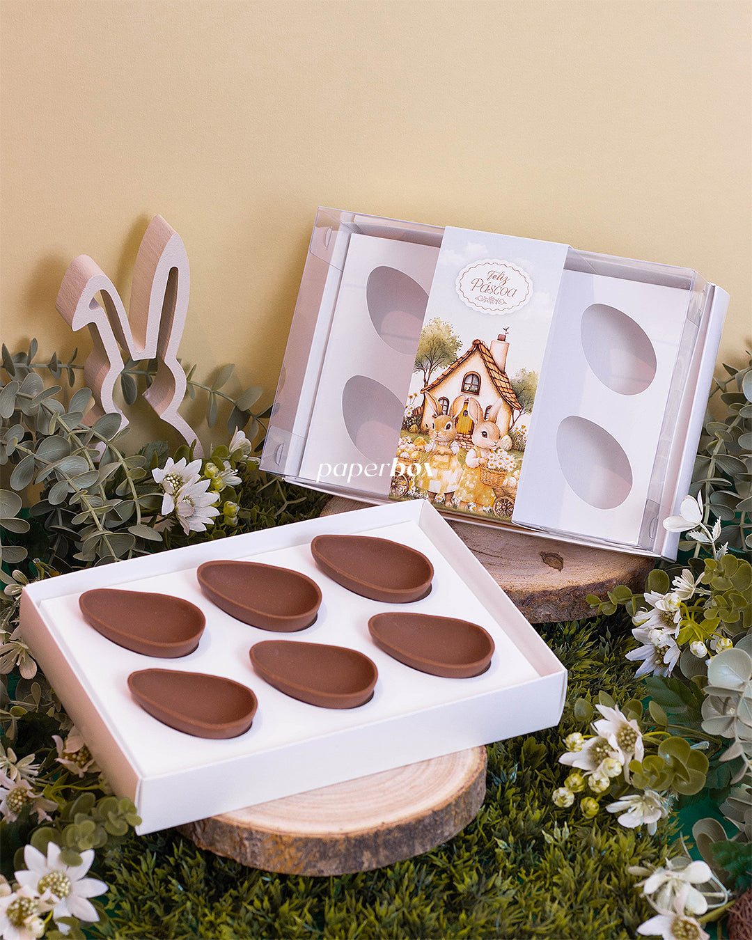 Caixa 6 Mini Ovos 50g - Faixa - Páscoa Rural Branca - Pack 10uni