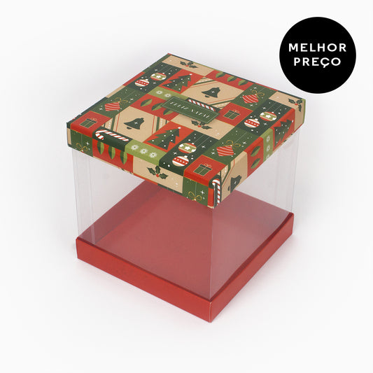 Caixa para mini bolo / panetone - Laterais em acetato - Natal Felicidade - Pack 10uni